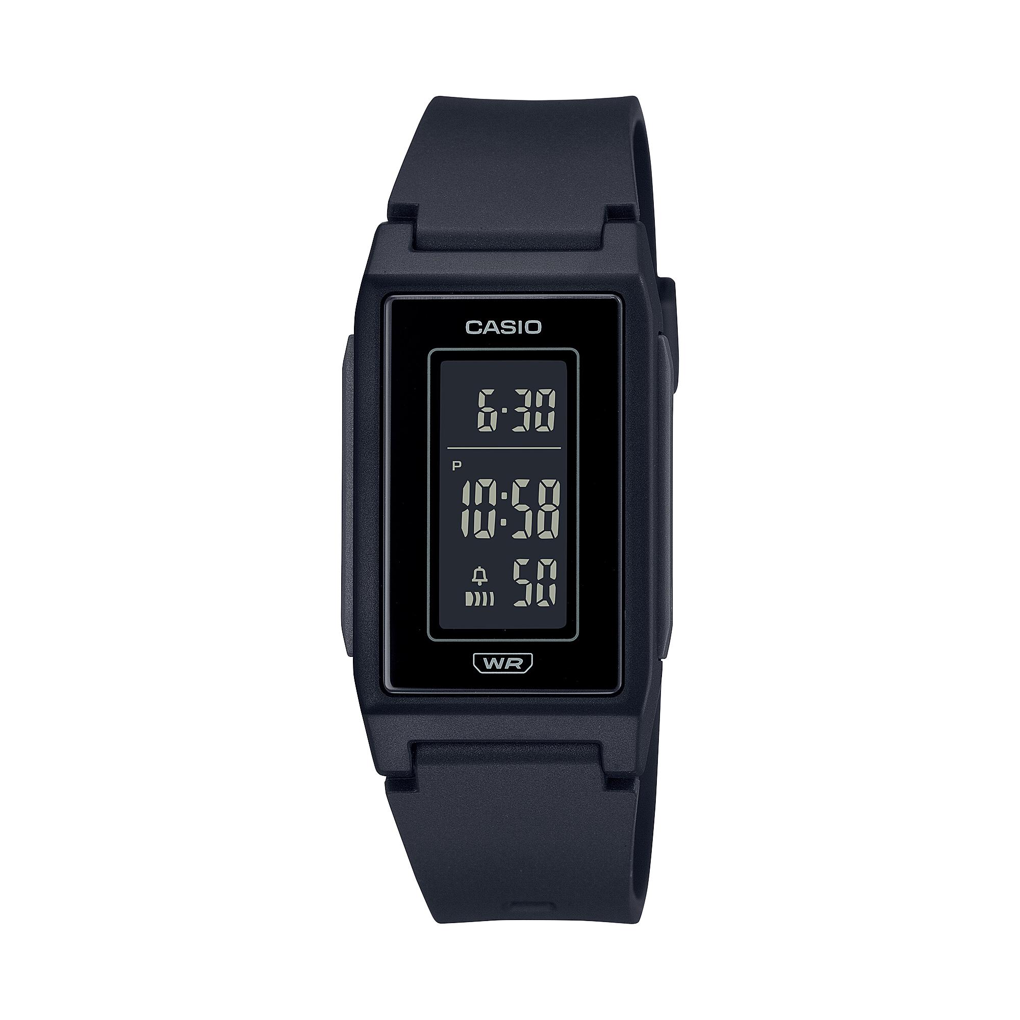 Black Casio digital watch on a white background