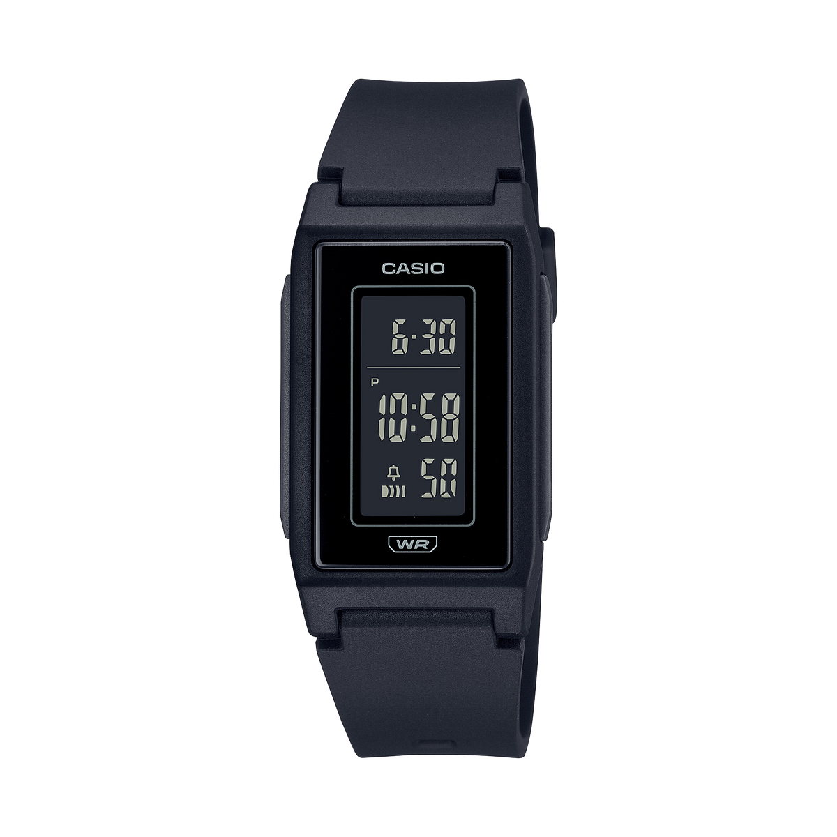 Black Casio digital watch on a white background
