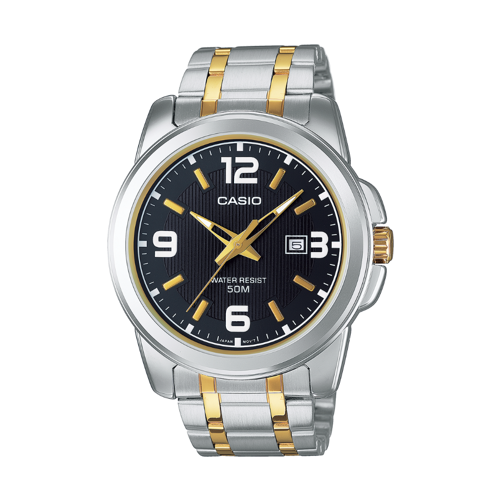 Casio watch with two-tone metal strap on a white background