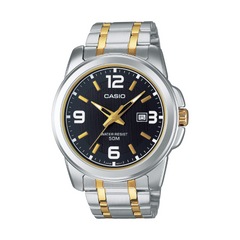 Casio watch with two-tone metal strap on a white background