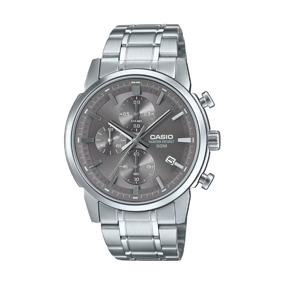 Silver Casio watch with a detailed face on a white background
