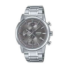 Silver Casio watch with a detailed face on a white background