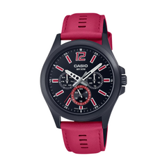 Casio watch with red strap on a white background