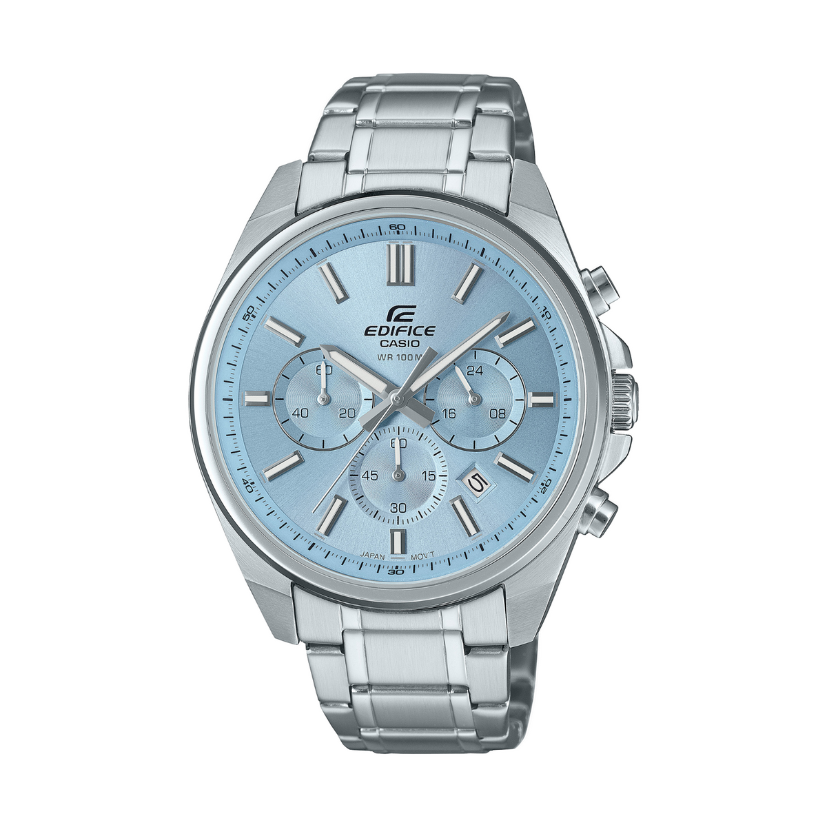 Silver Edifice watch with blue face on a white background