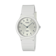 White Casio watch with a white strap on a white background