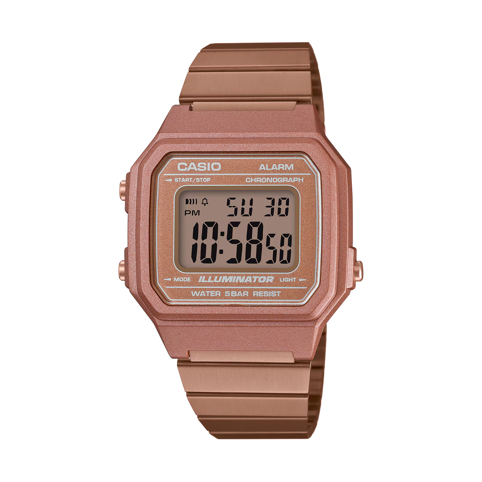 Rose gold Casio digital watch on a white background