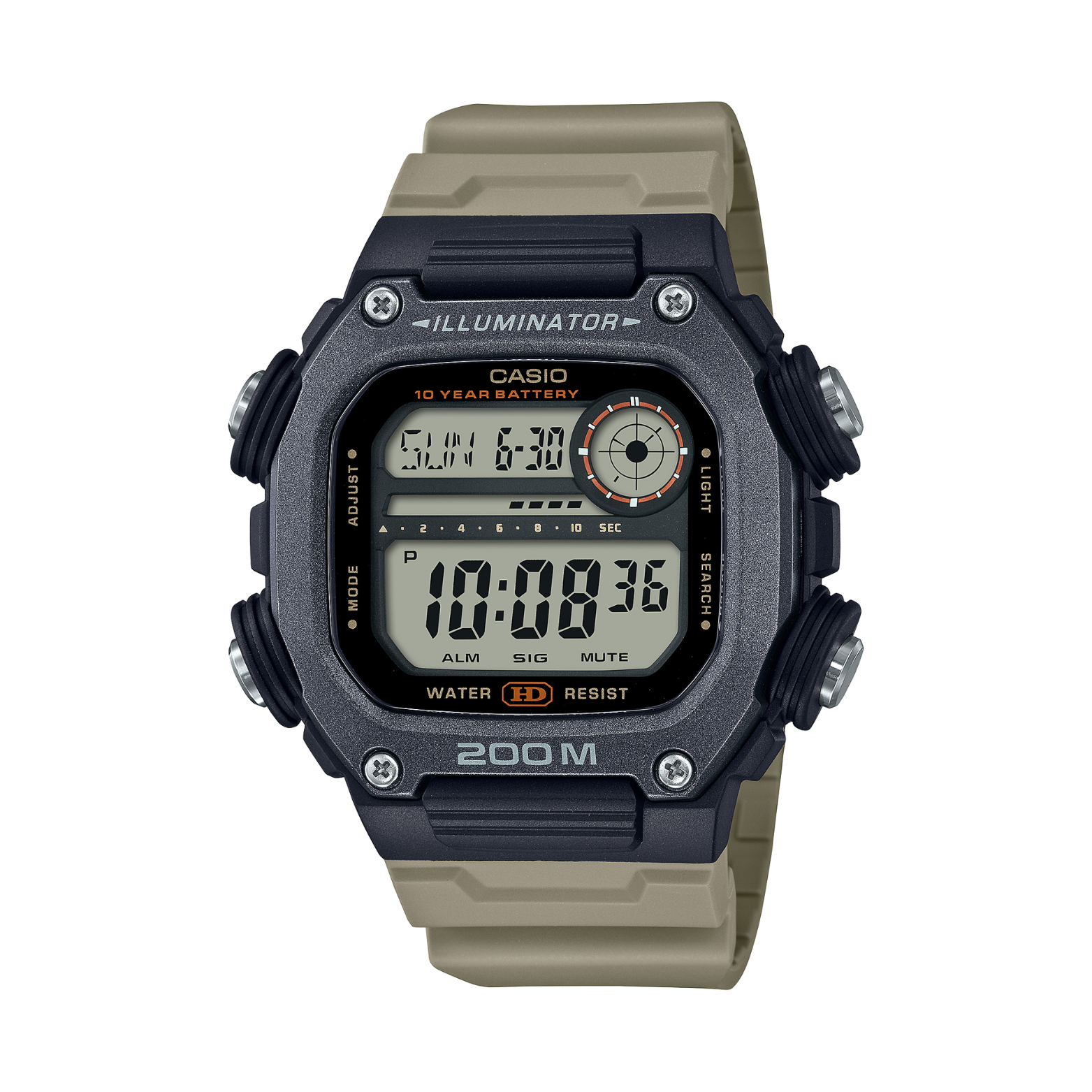 Digital watch with a beige strap on a white background