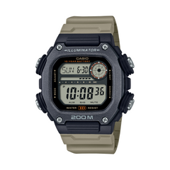 Digital watch with a beige strap on a white background