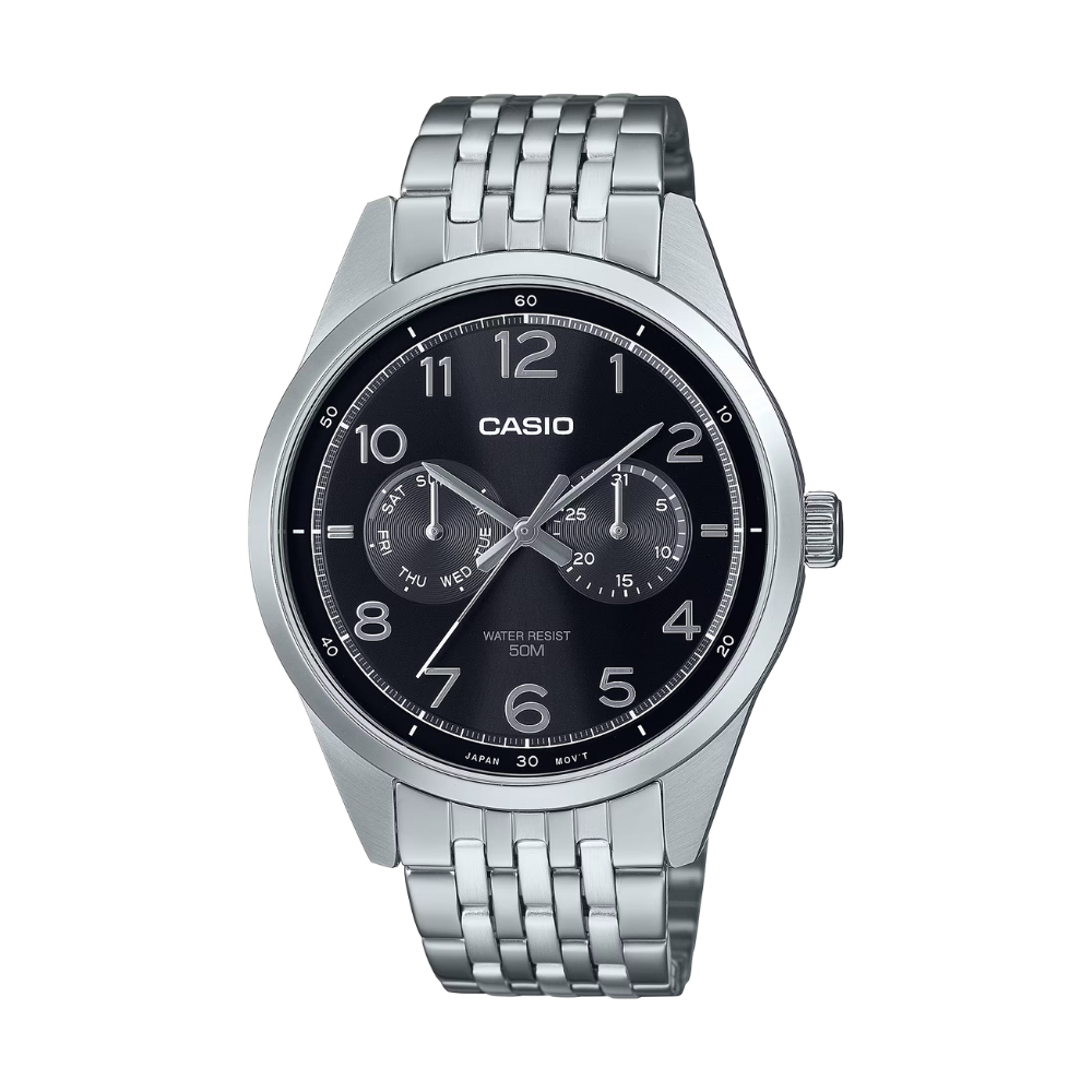 Casio watch with black dial and silver metal strap on a white background