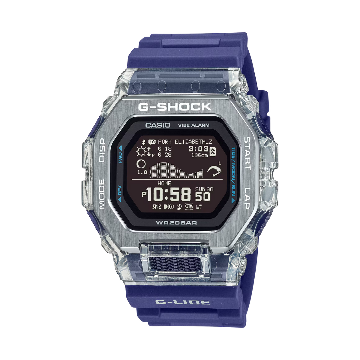 Casio G-Shock digital watch with blue and clear design on a white background