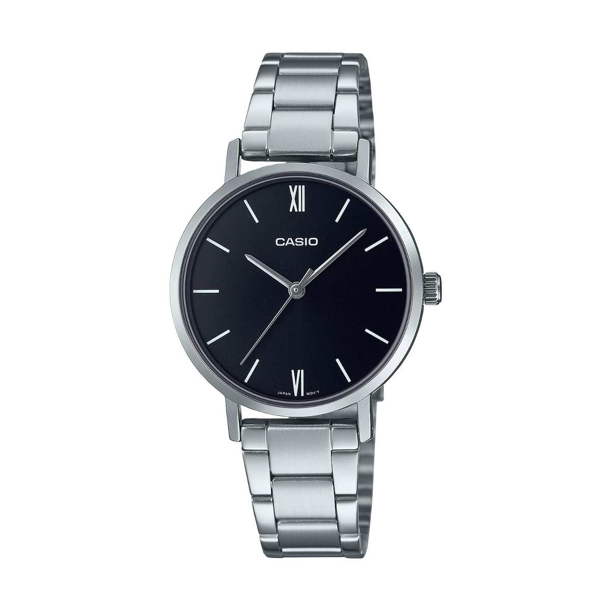 Casio watch with black dial and silver metal strap on a white background