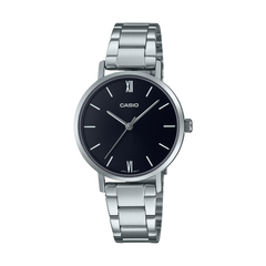 Casio watch with black dial and silver metal strap on a white background