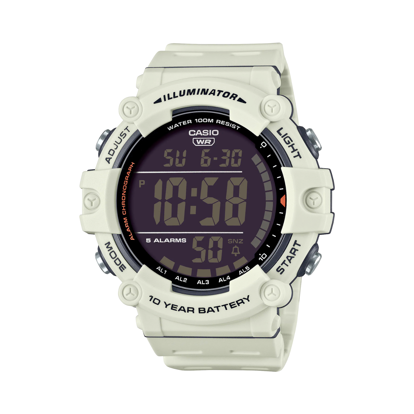 Casio digital watch with a white strap on a white background