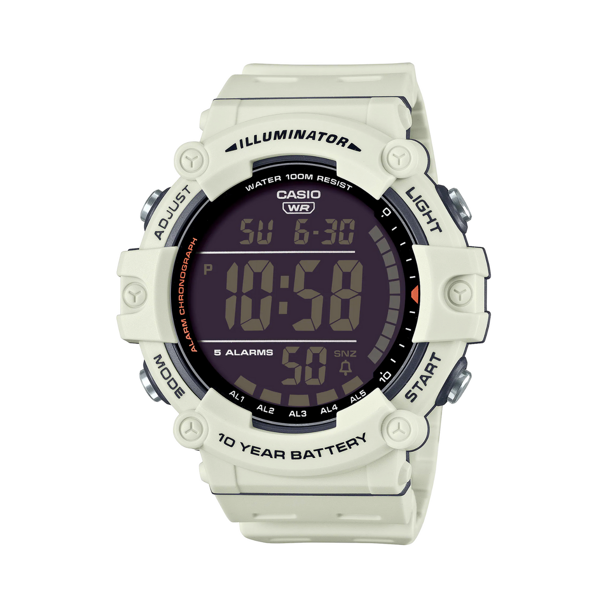 Casio digital watch with a white strap on a white background