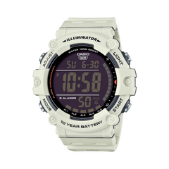 Casio digital watch with a white strap on a white background