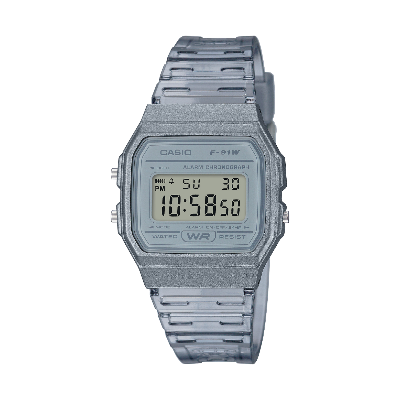 Silver Casio digital watch on a white background
