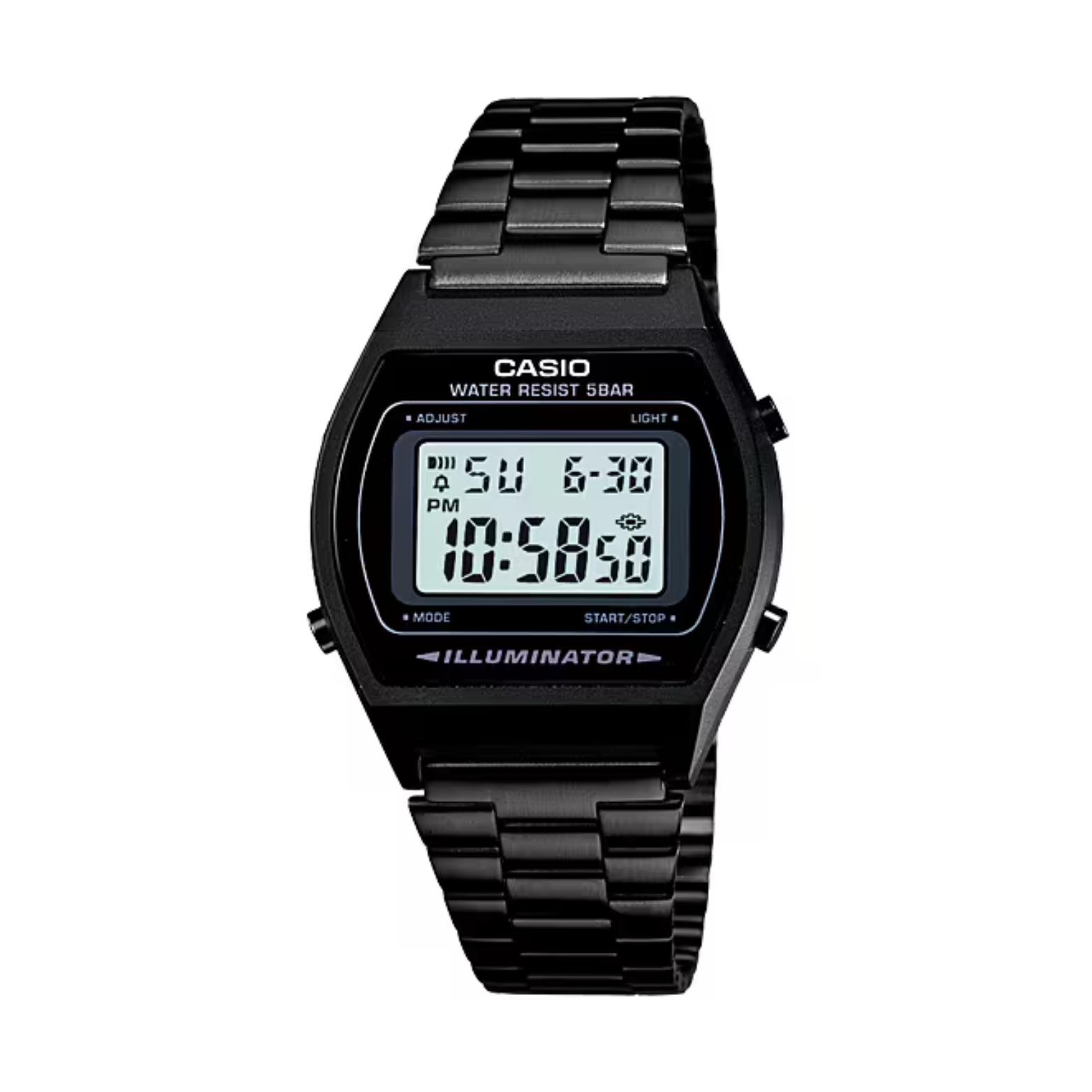 Black Casio digital watch on a white background