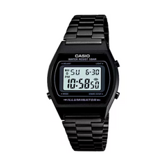 Black Casio digital watch on a white background