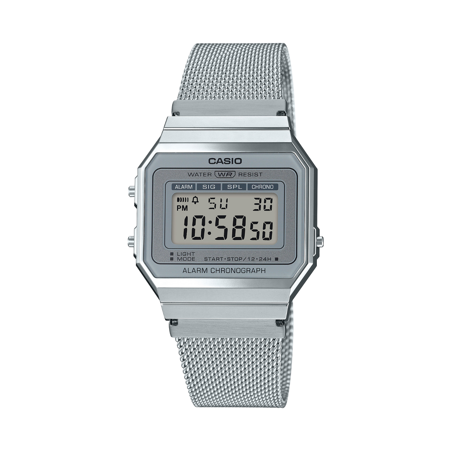 Silver Casio digital watch with mesh band on a white background