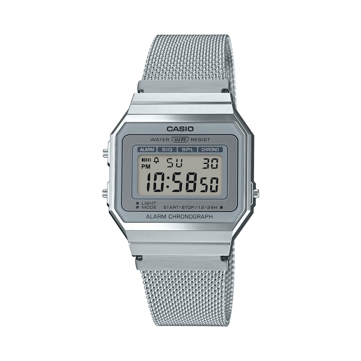 Silver Casio digital watch with mesh band on a white background