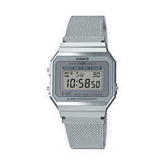 Silver Casio digital watch with mesh band on a white background
