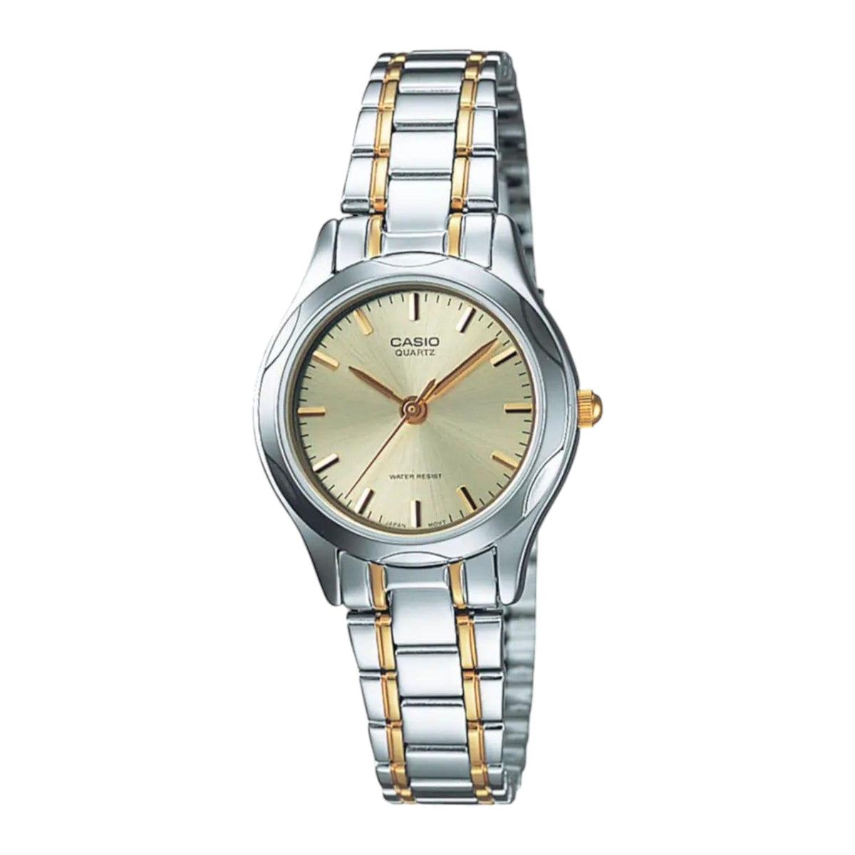Casio watch with two-tone silver and gold bracelet on a white background