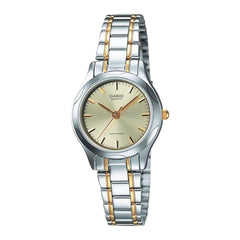Casio watch with two-tone silver and gold bracelet on a white background