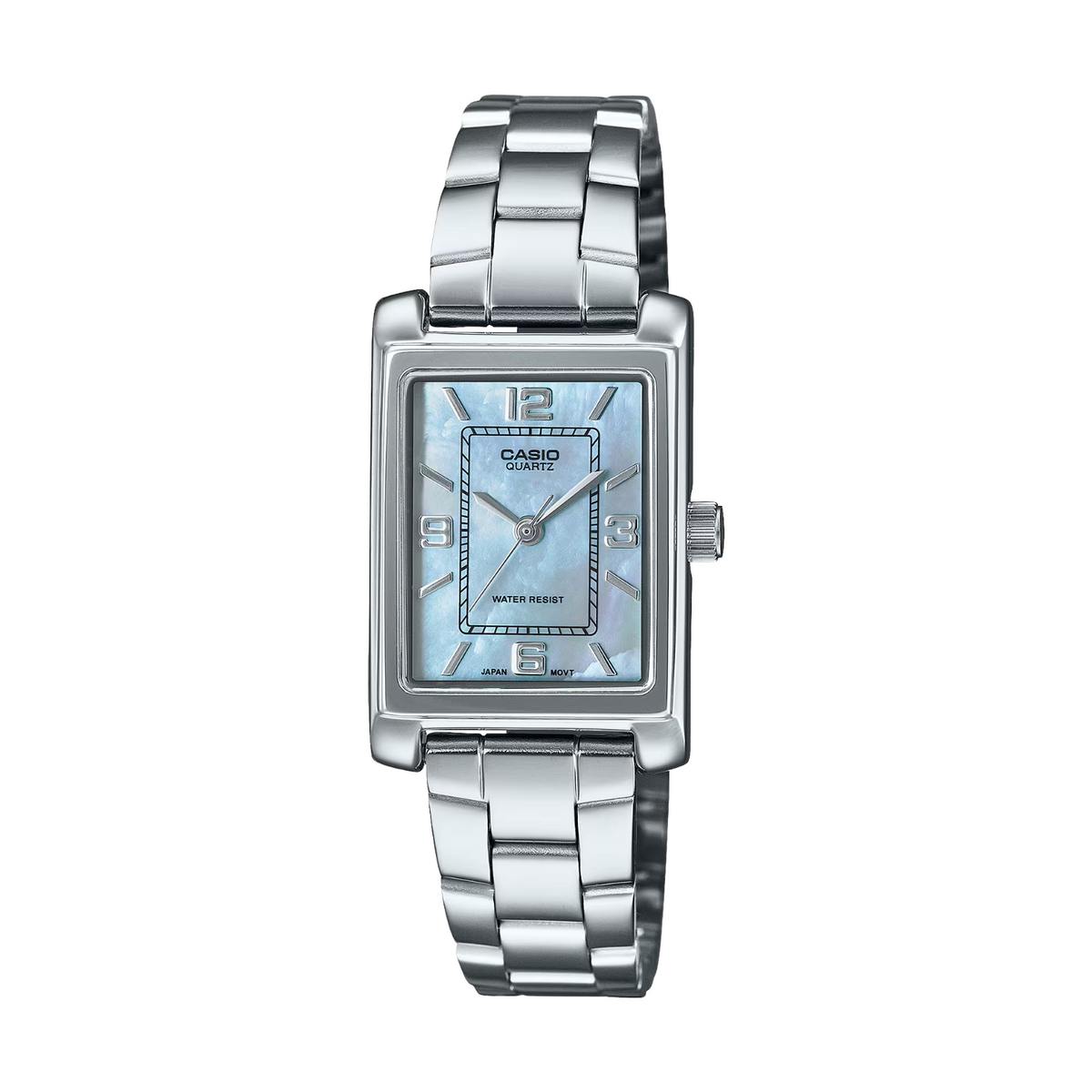 Silver Casio watch with a rectangular face on a white background