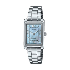 Silver Casio watch with a rectangular face on a white background