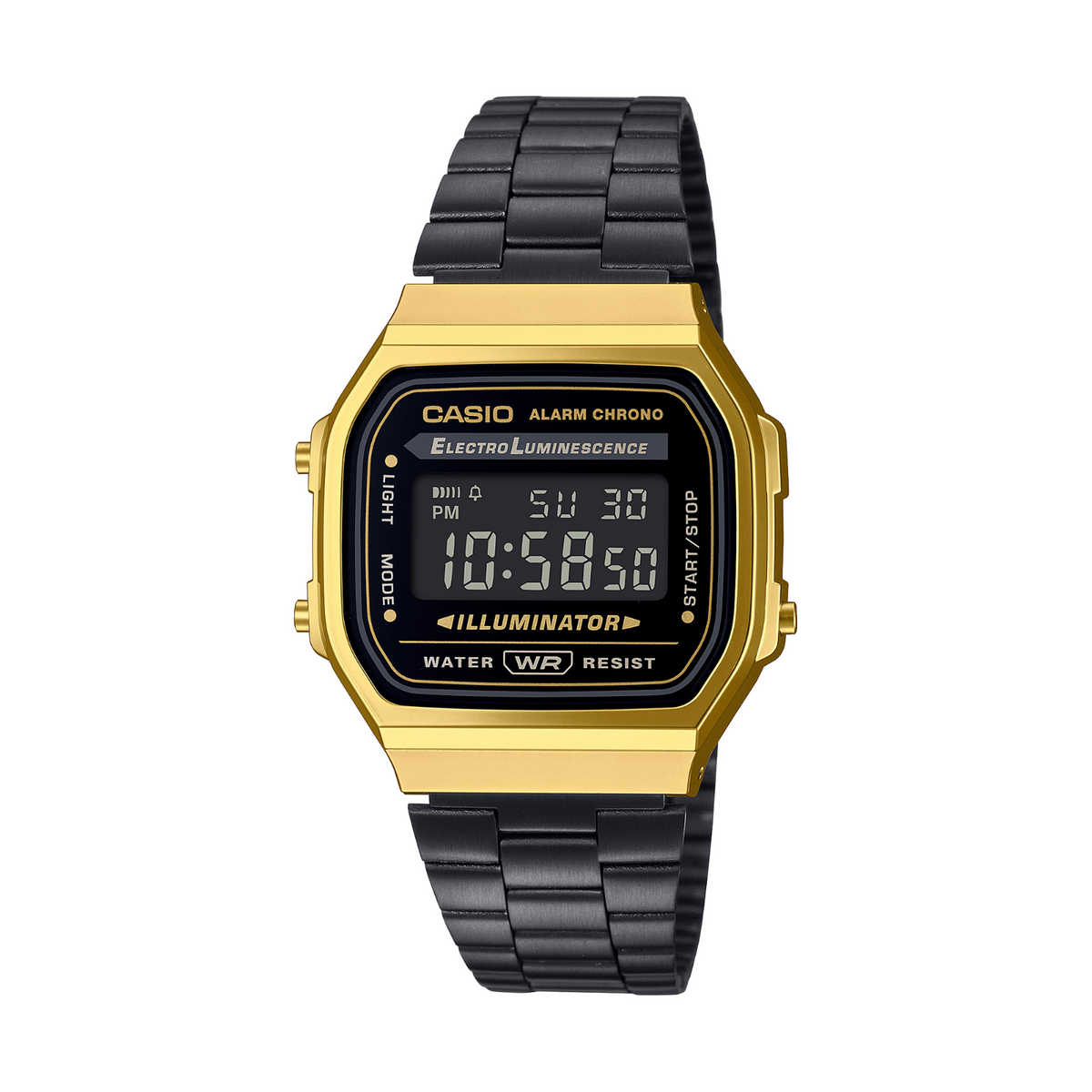 Casio digital watch with gold case and black metal strap on a white background