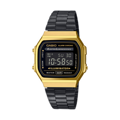 Casio digital watch with gold case and black metal strap on a white background