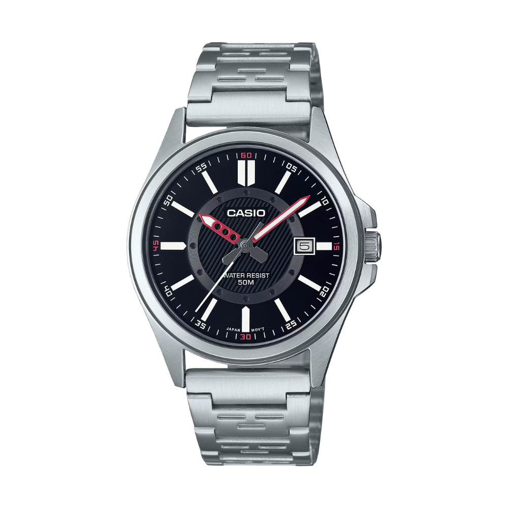 Casio watch with silver metal strap and black dial on a white background
