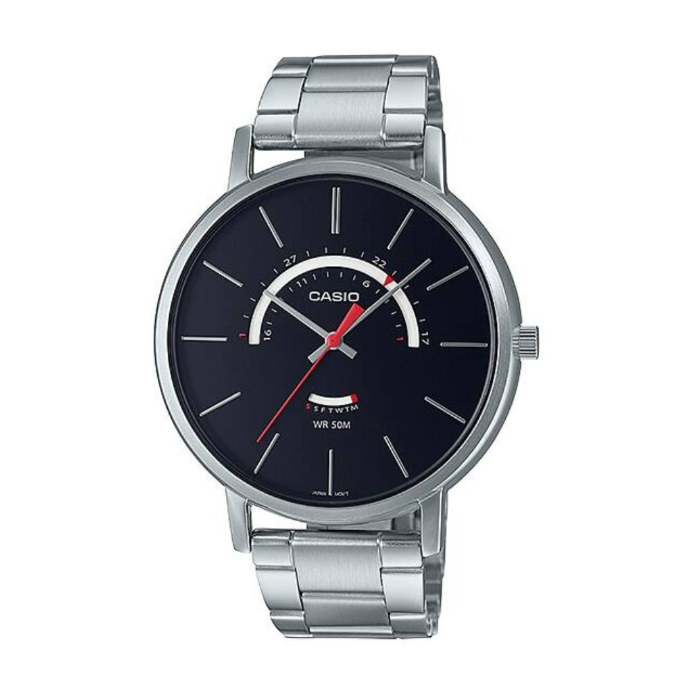 Casio watch with black dial and silver metal strap on a white background