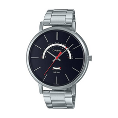 Casio watch with black dial and silver metal strap on a white background