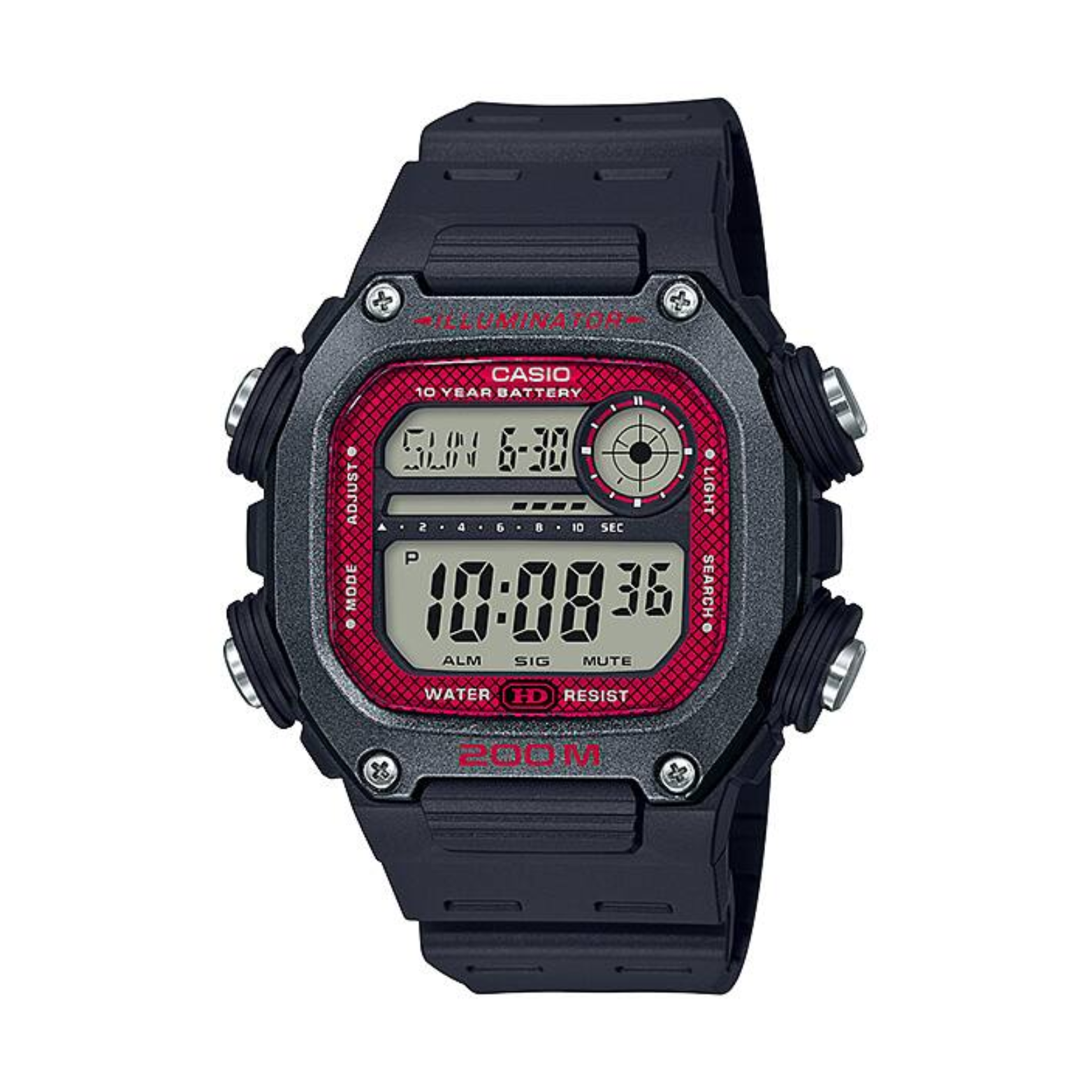 Casio digital watch with black and red design on a white background