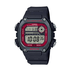 Casio digital watch with black and red design on a white background