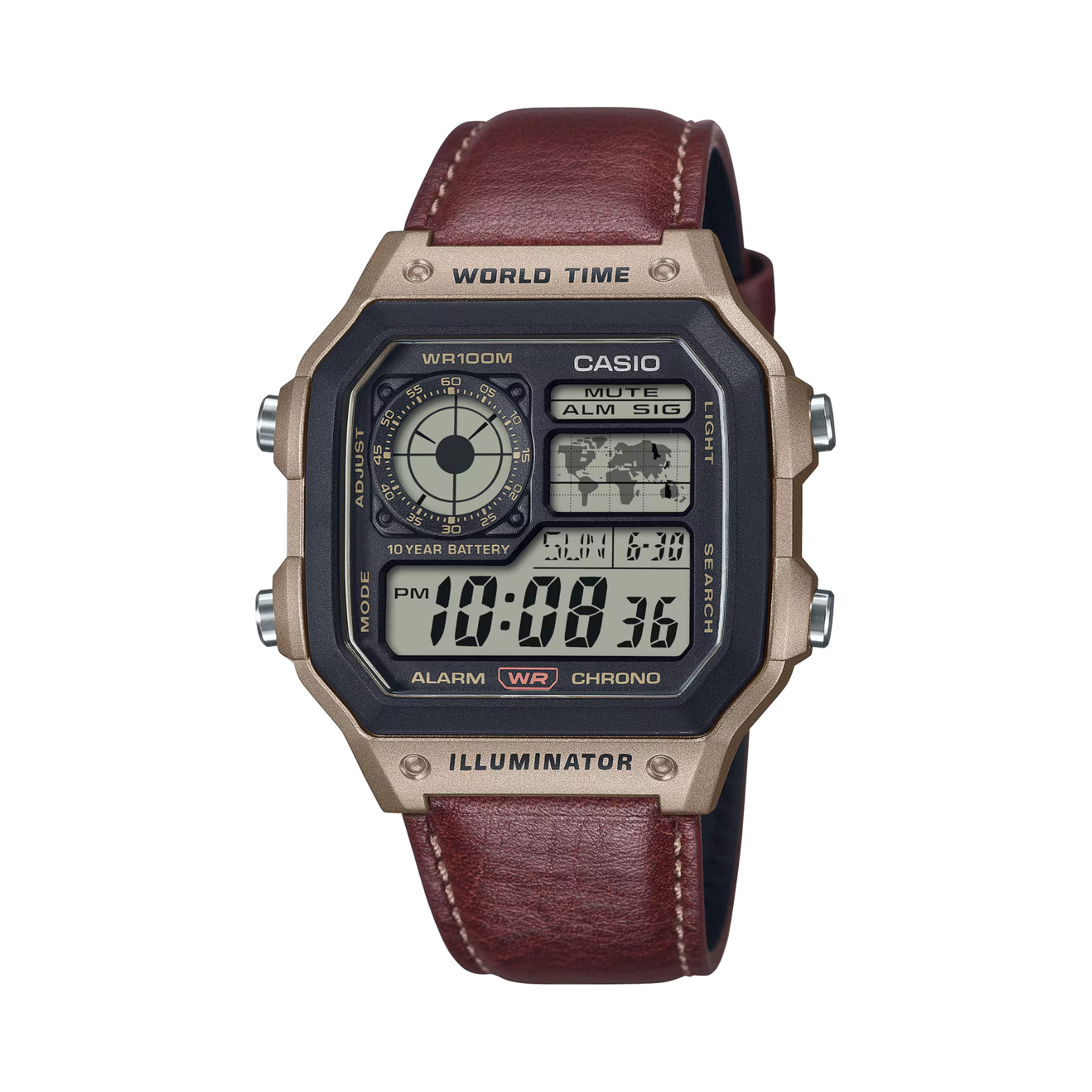 Casio digital watch with brown leather strap on a white background