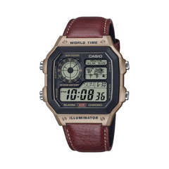 Casio digital watch with brown leather strap on a white background