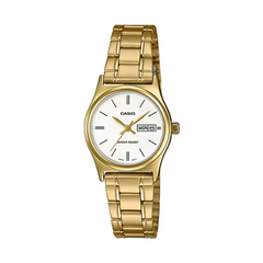 Gold Casio watch with a white face on a white background