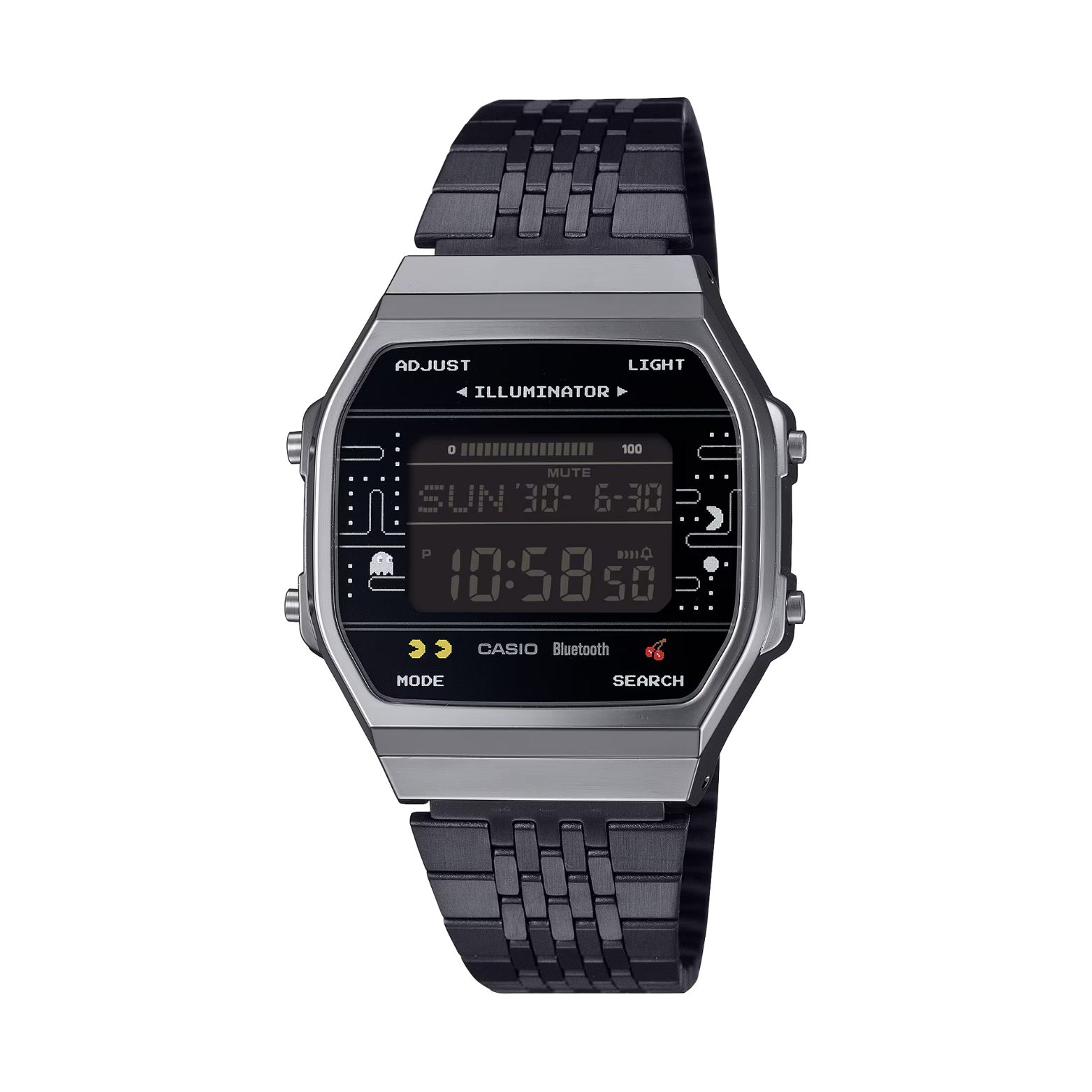 Digital watch with black strap on a white background