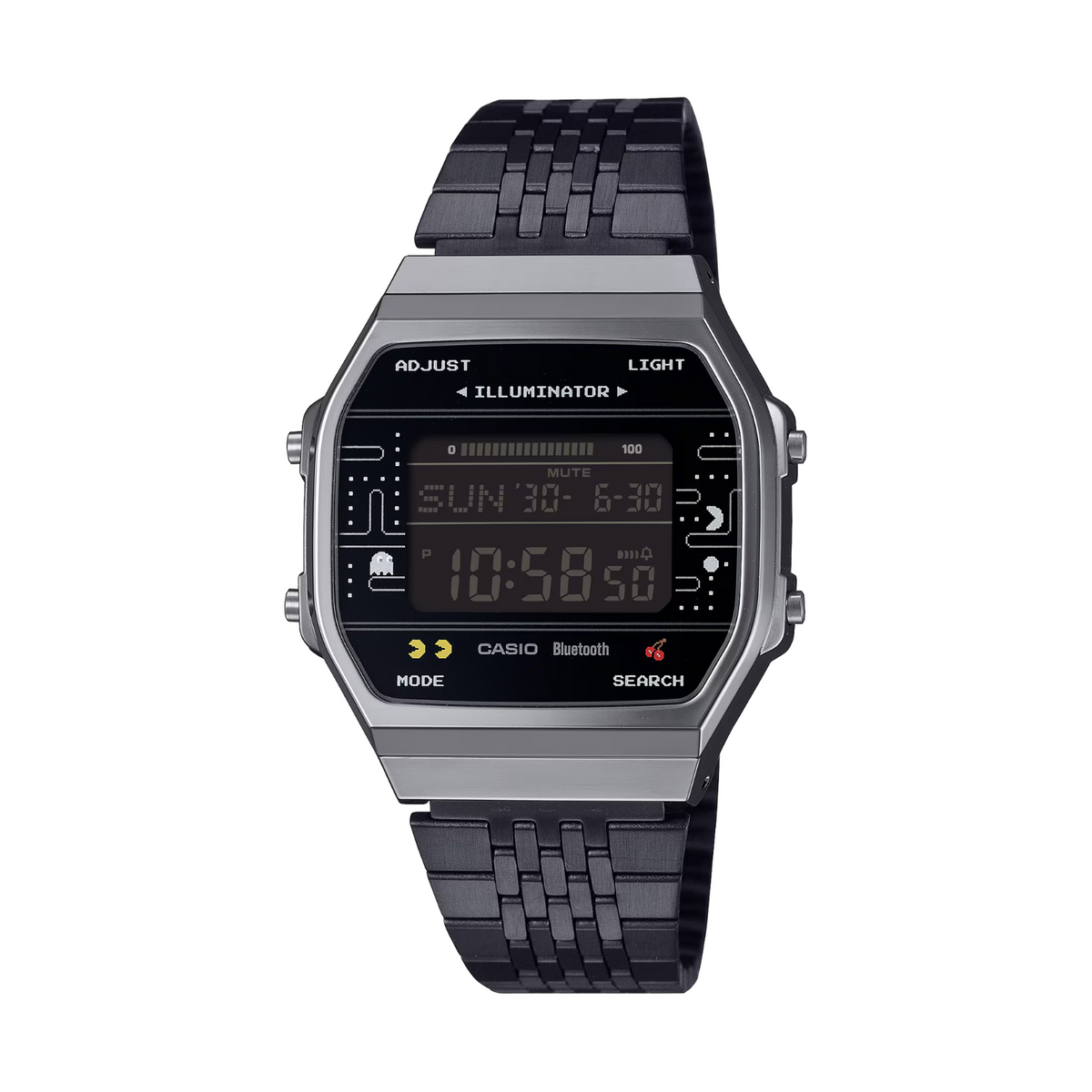 Digital watch with black strap on a white background