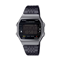Digital watch with black strap on a white background