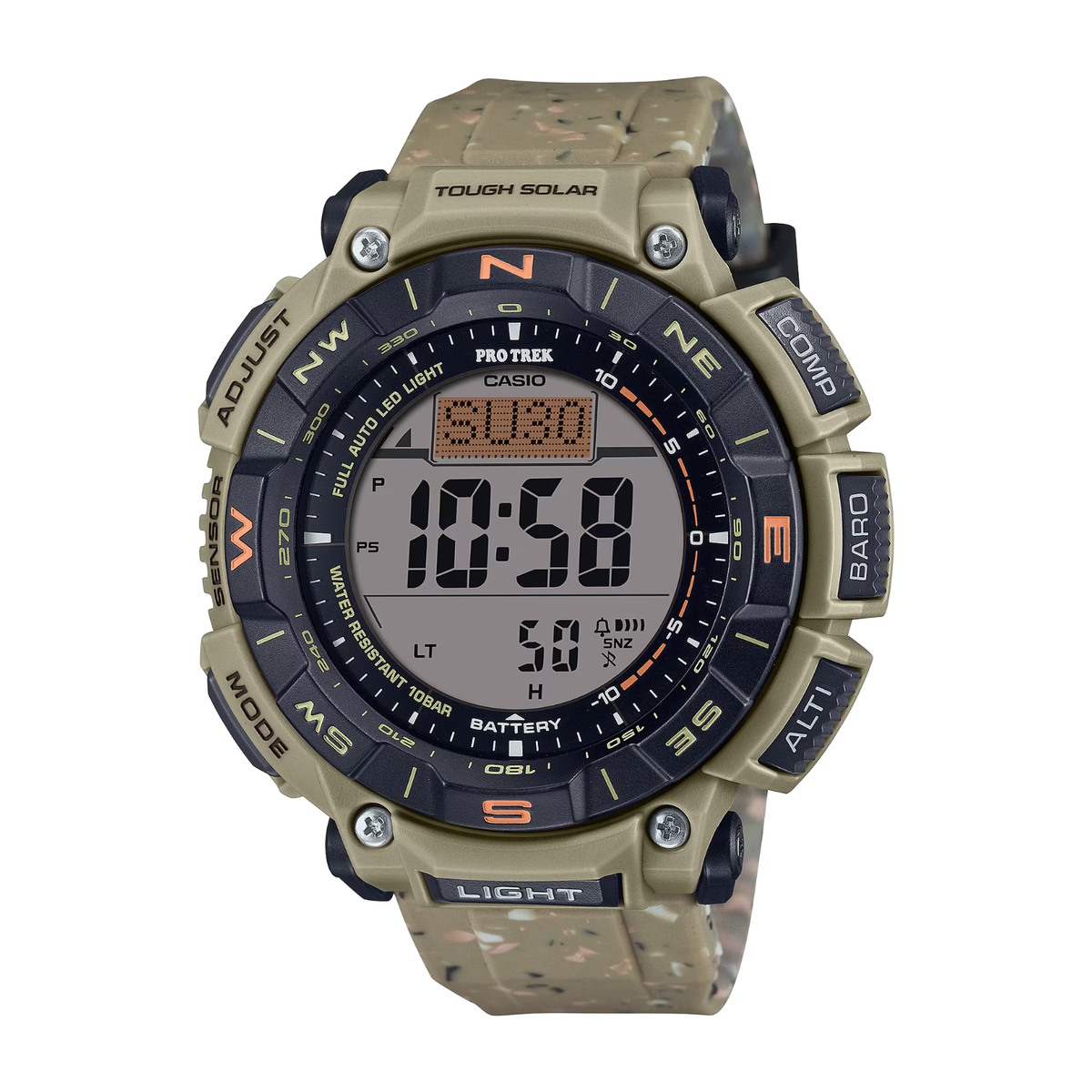 Casio Pro Trek digital watch with camouflage band on a white background