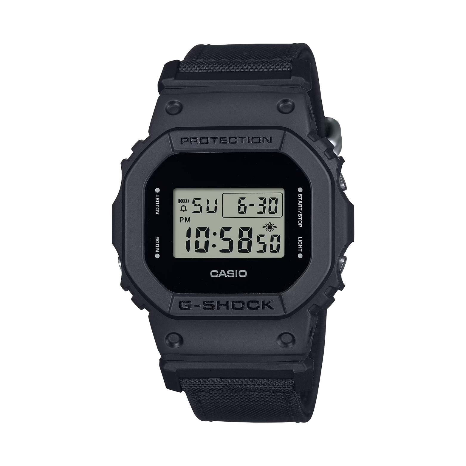 Black Casio G-Shock digital watch on a white background