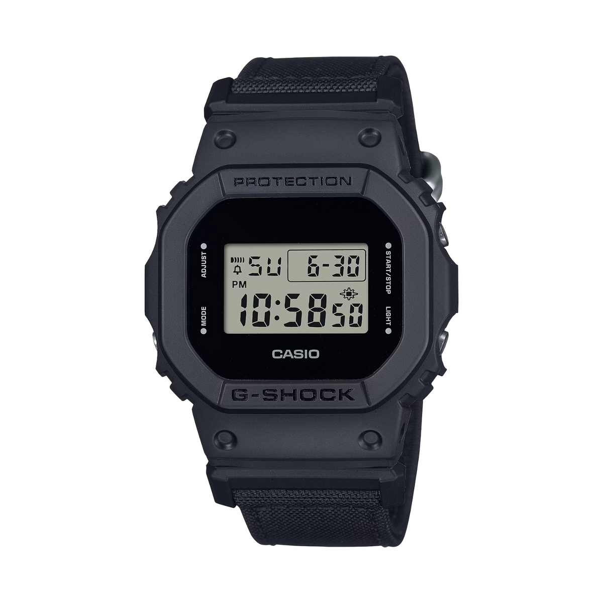 Black Casio G-Shock digital watch on a white background