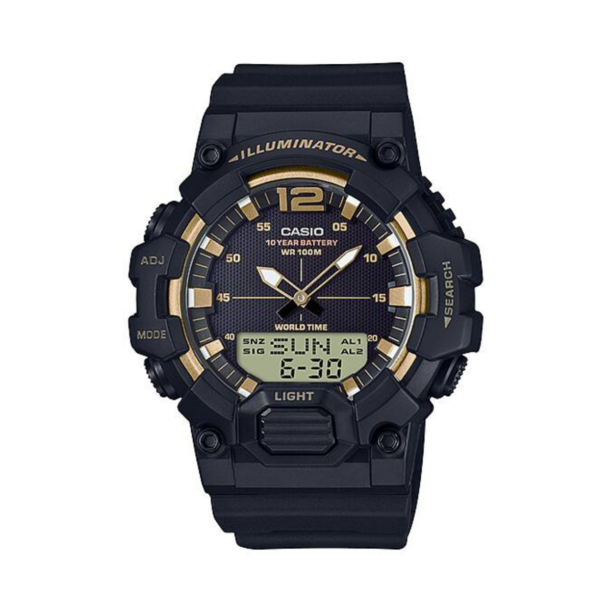 Black Casio watch with digital and analog display on a white background