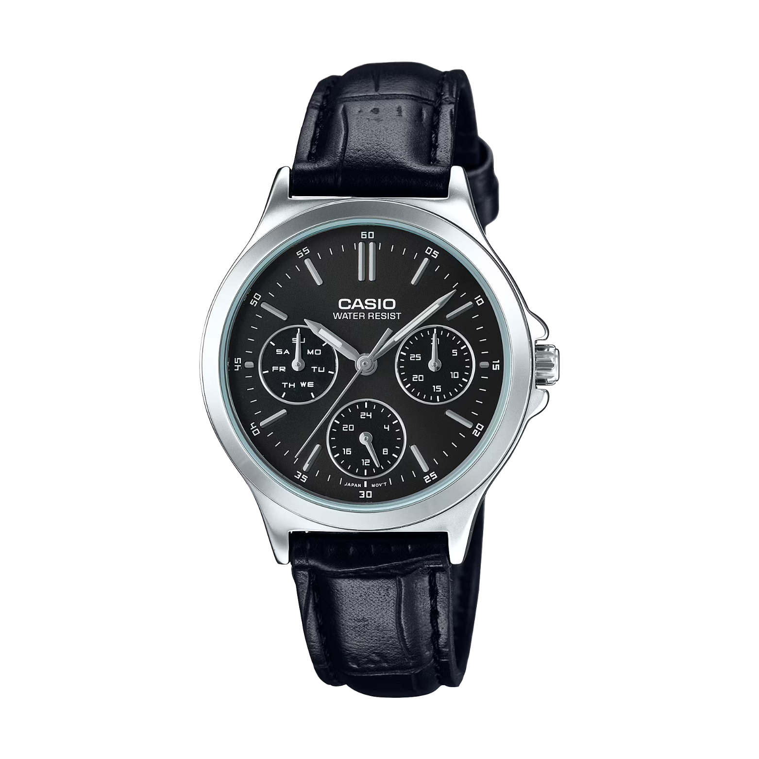 Casio watch with black leather strap on a white background