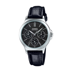 Casio watch with black leather strap on a white background