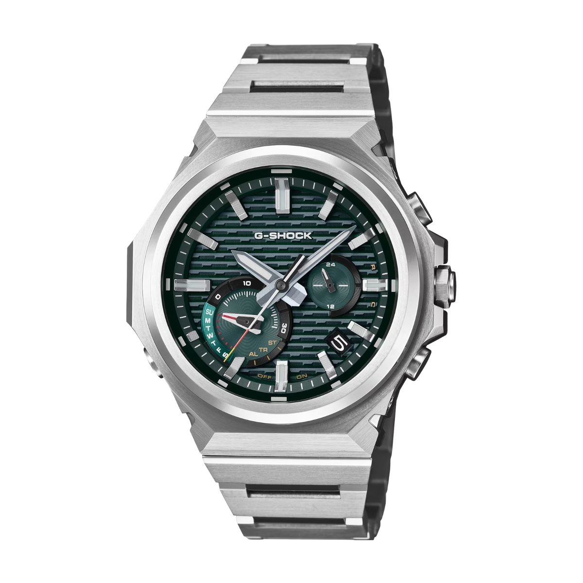 Silver G-Shock watch with a green face on a white background