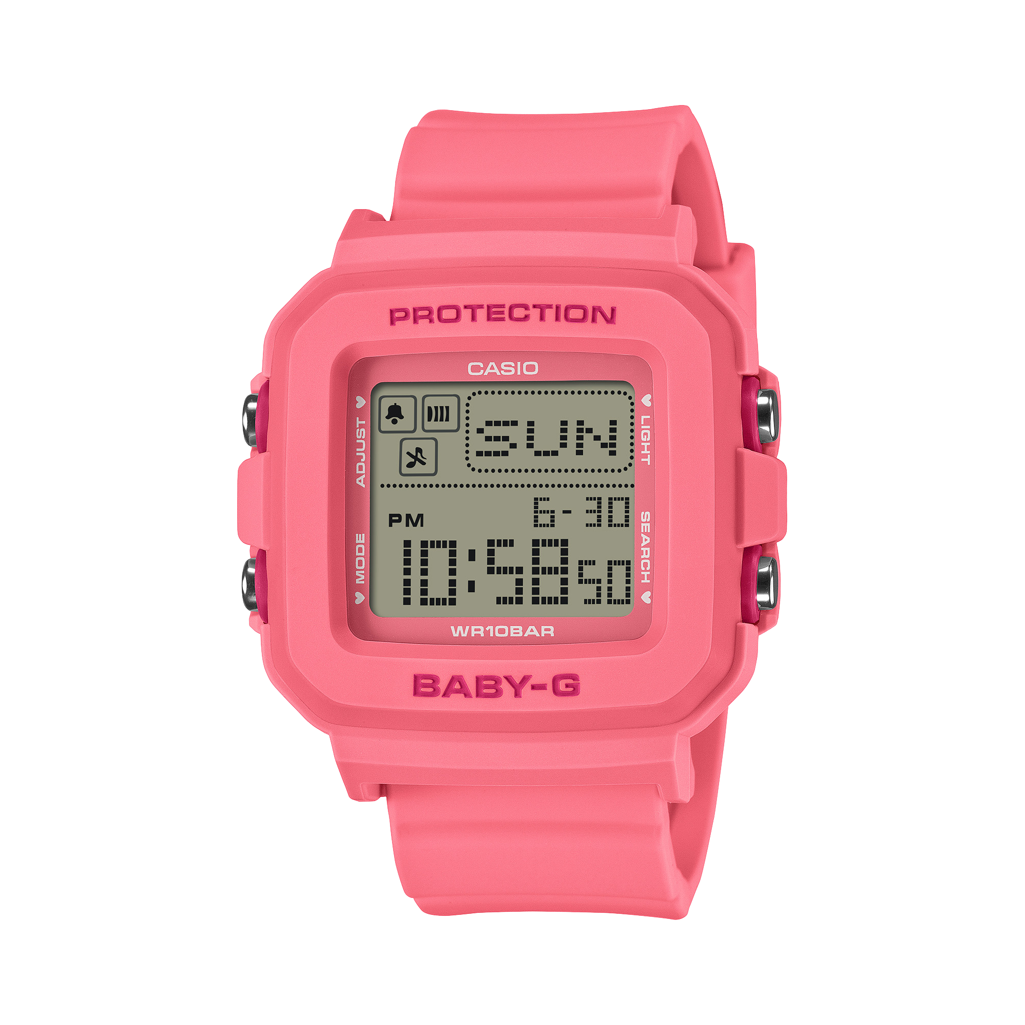 Pink Casio digital watch on a white background